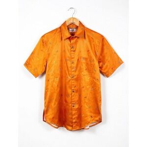 Reigning Fury Orange Satin Button Up Shirt Short Sleeve Embroidered Men's M